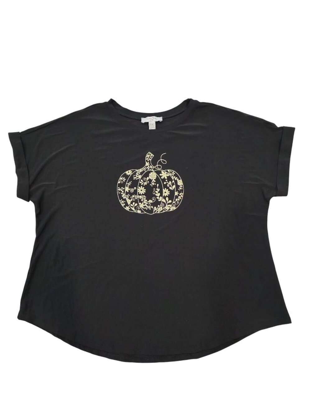Coral Bay Black Petite Pumpkin Graphic T-Shirt With Gold Floral Detail  PXL